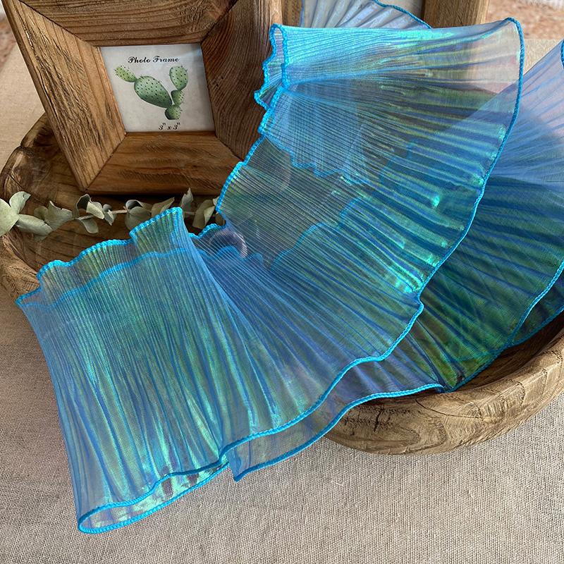 

1 ярд синего кружевного полотна плиссированное эффект русалки лазерный неоновый блеск для женского платья 15 см шириной 5yard королевский синий