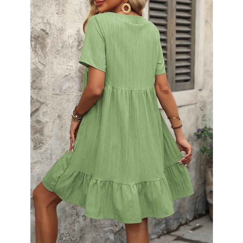 Women's Dress Summer Short Sleeve V Neck Loose Casual A Line Beach Vacation Dress Women Fashion Elegant Pleated Solid Color Ladies Bohemian Dresses