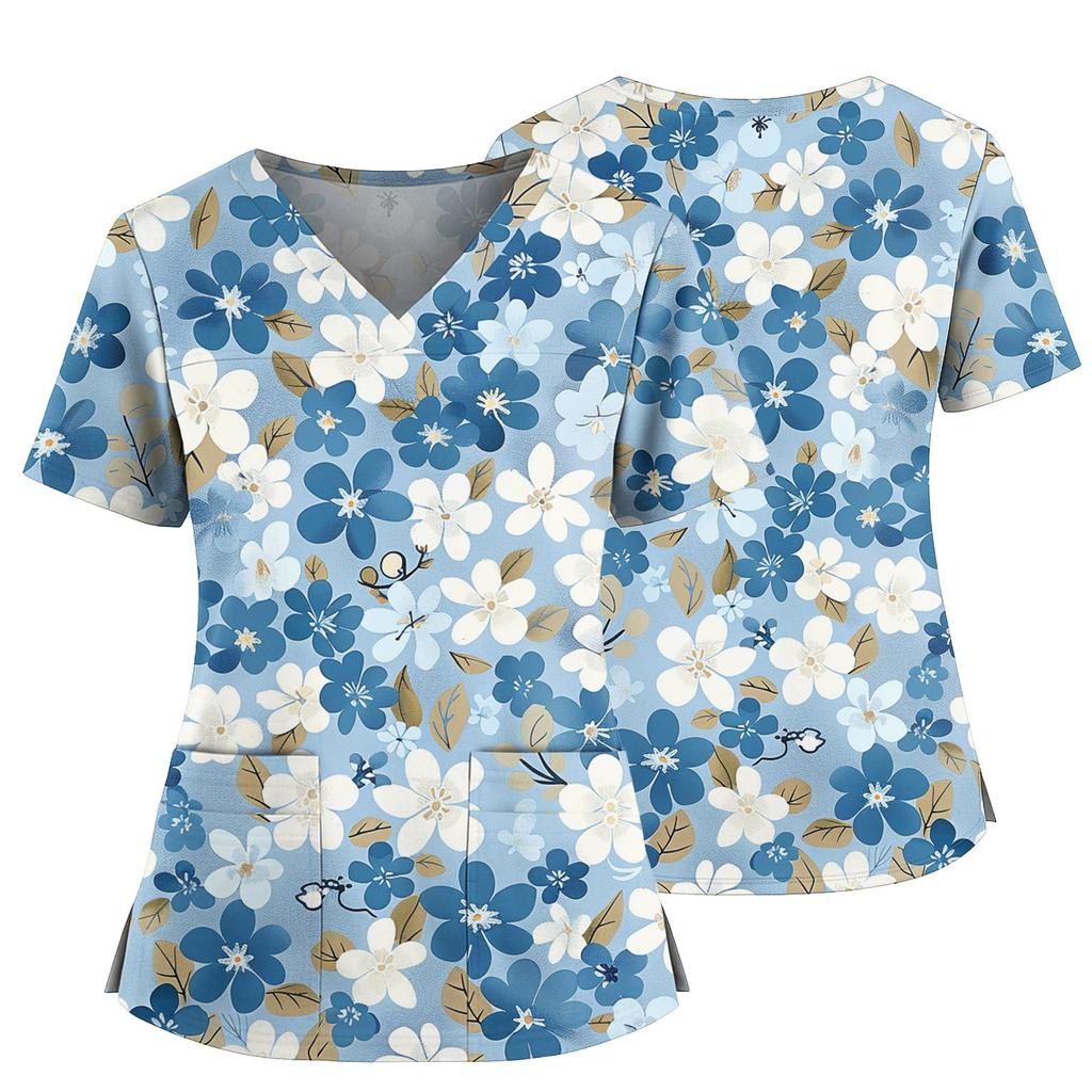 Women's Casual Printed V-Neck Pocket Side Slit Short Sleeved Top Short Sleeved Top