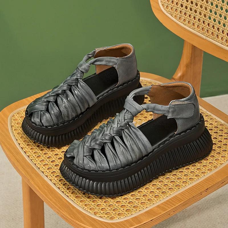 Fashion 5.5CM Cow Genuine Leather Flats Hollow Mary Jane Platform Wedge Booties Sandals Hook Pumps Flats Women Boots Summer Shoes