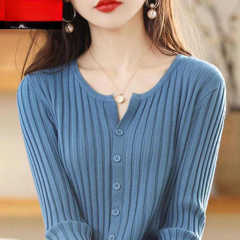 Langärmiger Damenpullover Strickwaren Strickjacke O-Ausschnitt Strickjackenpullover Mantel für Frühling und Herbst