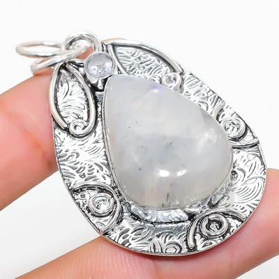 Natural Rainbow Moonstone, White Topaz 925 Sterling Silver Pendant 2.29" C3o46
