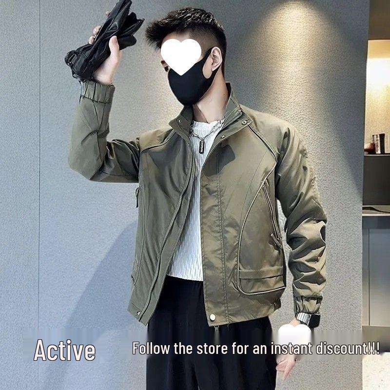 2025 Men's Trendy Windproof Stand-up Collar Workwear Jacket - Spring/Autumn Casual Korean Style