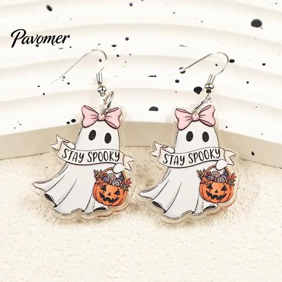 Hypoallergenic Earrings for Sensitive Ears 1 Pair Acrylic Ghost Women, Halloween Cute Dangle Drop Lightweight Statement with Pumpkin Bucket