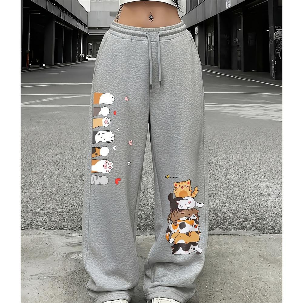Pantaloni della tuta carini con stampa di gatti, coulisse, elastico in vita, stile casual americano, alla moda, pantaloni dritti da donna