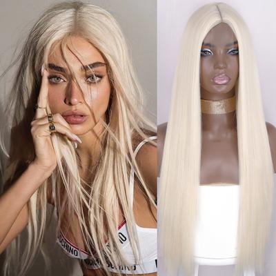 Synthetische Perücken für Frauen, lange gerade blonde Perücke ohne Pony, vordere Spitze, hitzebeständige Faser, lange gerade Perücke