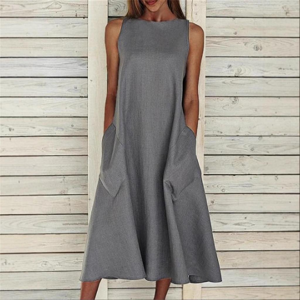 Women's Spring Summer Cotton Linen Maxi Dress, Greek Style Sleeveless A-Line Loose Plus Size Casual Dress with Pockets