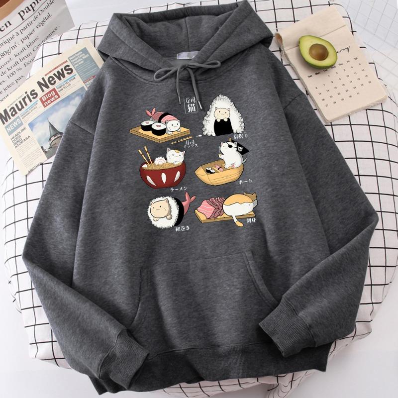 Food Cute Cat Sushi Printed Hoodie Mens Autumn Fleece Oversize Hoody Hip Hop Loose Sweatshirt Soft Oversize  Clothes Tops