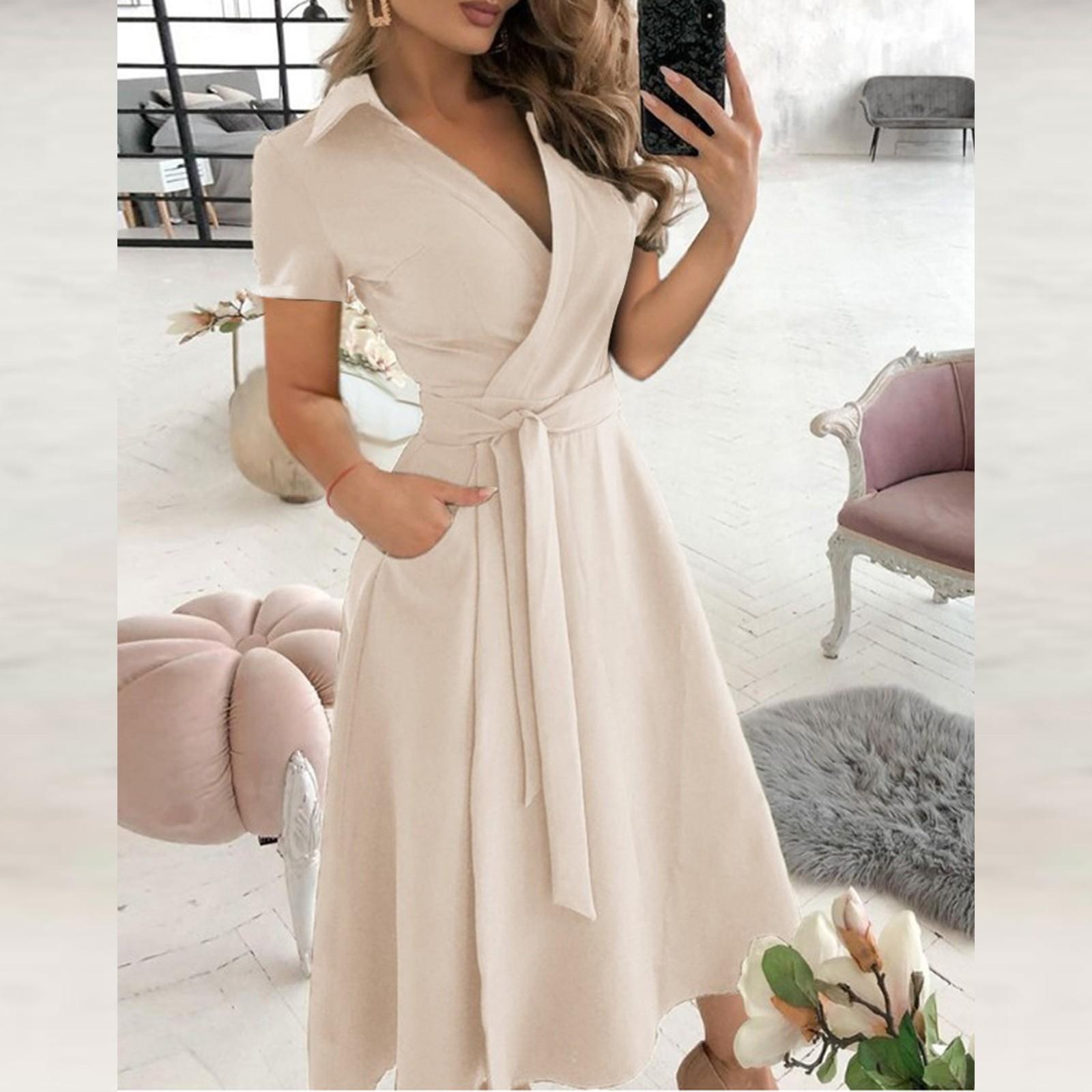 

Модные женские повседневные однотонные платья с короткими рукавами и лацканами, длинные M