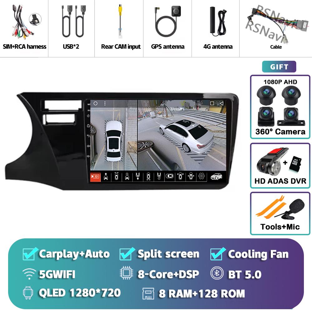 Android 14 Carplay Auto For Honda City 2014 - 2017 Car Radio Player Multimedia stereo Navigation 4G+WIFI Head Unit 2Din AI Voice