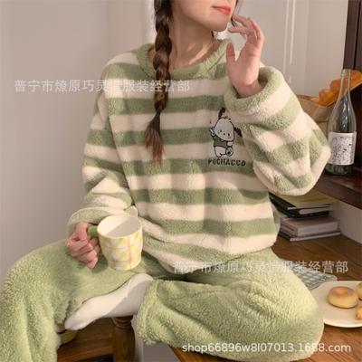 ,Winter Flannel Pyjamas For Women Round Neck Coral Fleece Sweet With Added Thickened Two,Piece Homewear Cartoon Design
