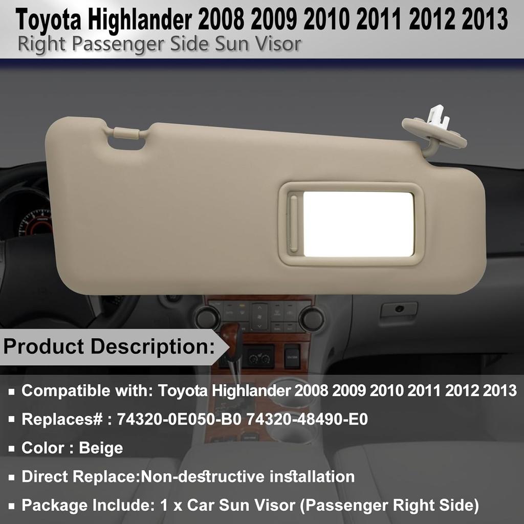 Right Side Sun Visor Replacement Compatible Highlander Beige(Right Passenger)