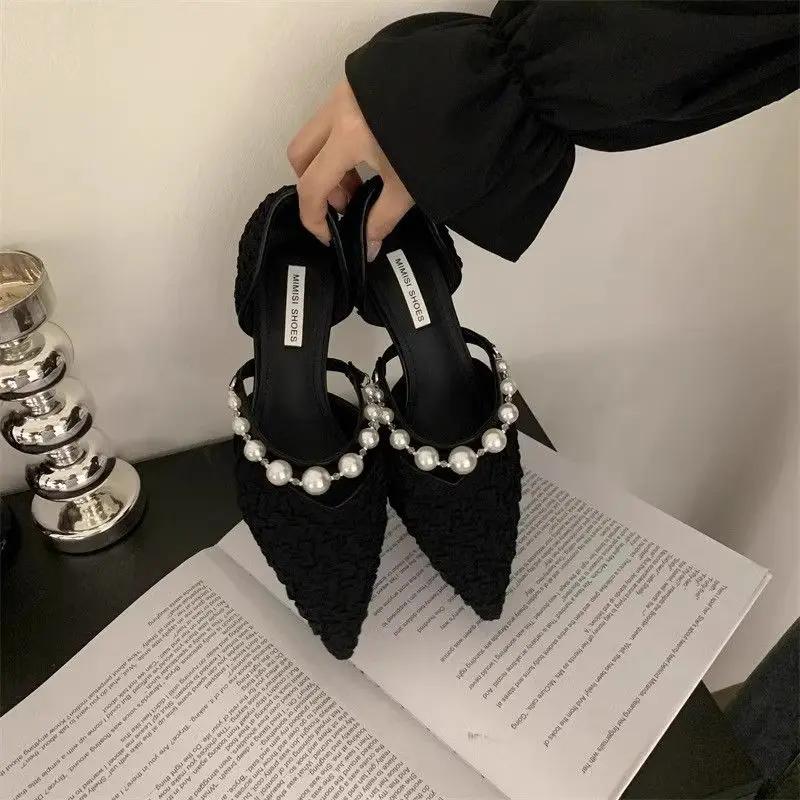 Fashion Pointed Toe Woman Pumps Shoes for Women Pearl Stilito Low Heel Elegant Y2k On Sale Spring Summer 2025 Footwear Beau Today Dress