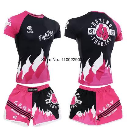 Muay Thai T-shirt set men's and women's pink and green MMA comfortable and breathable