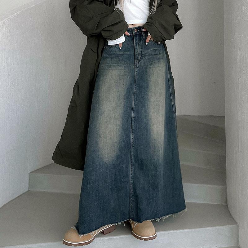 

European & American Plus Size Gradient Denim Slimming Skirt - Trendy Autumn/Winter Women s Street Fashion S синій