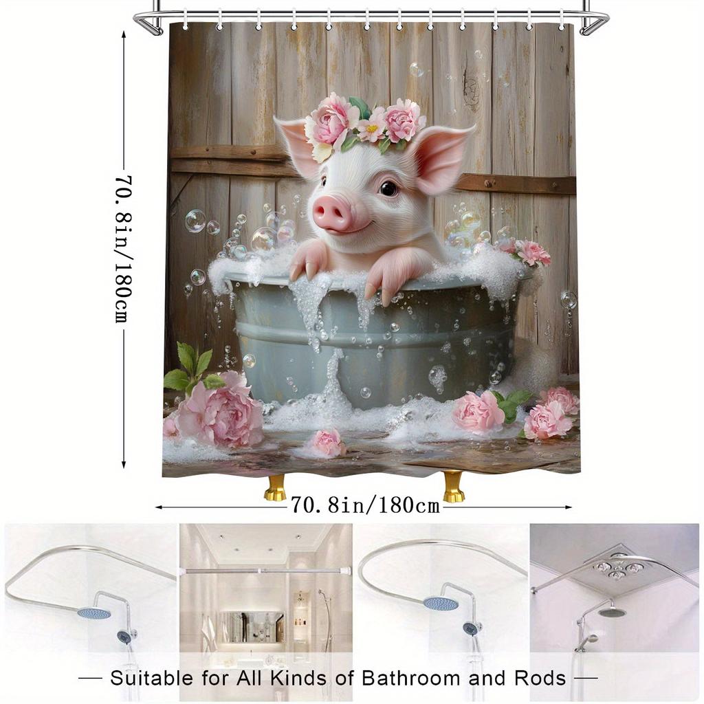 Whimsical Pink Piglet Shower Curtain, Digital Illustration, Romantic & Water-resistant, Polyester, 12 Hooks, Bathroom Decor