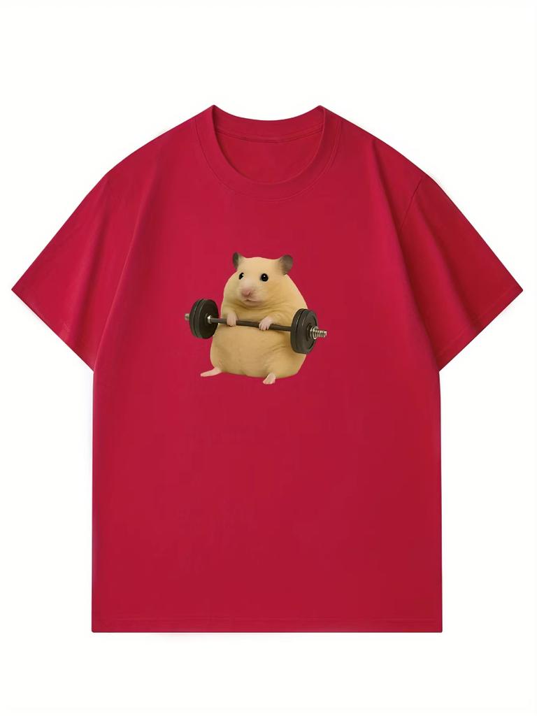 Womens Light Green Hamster Lifting Weights Graphic Harajuku Short Sleeve Casual Tshirt Clothing Street Aesthetic Clothes