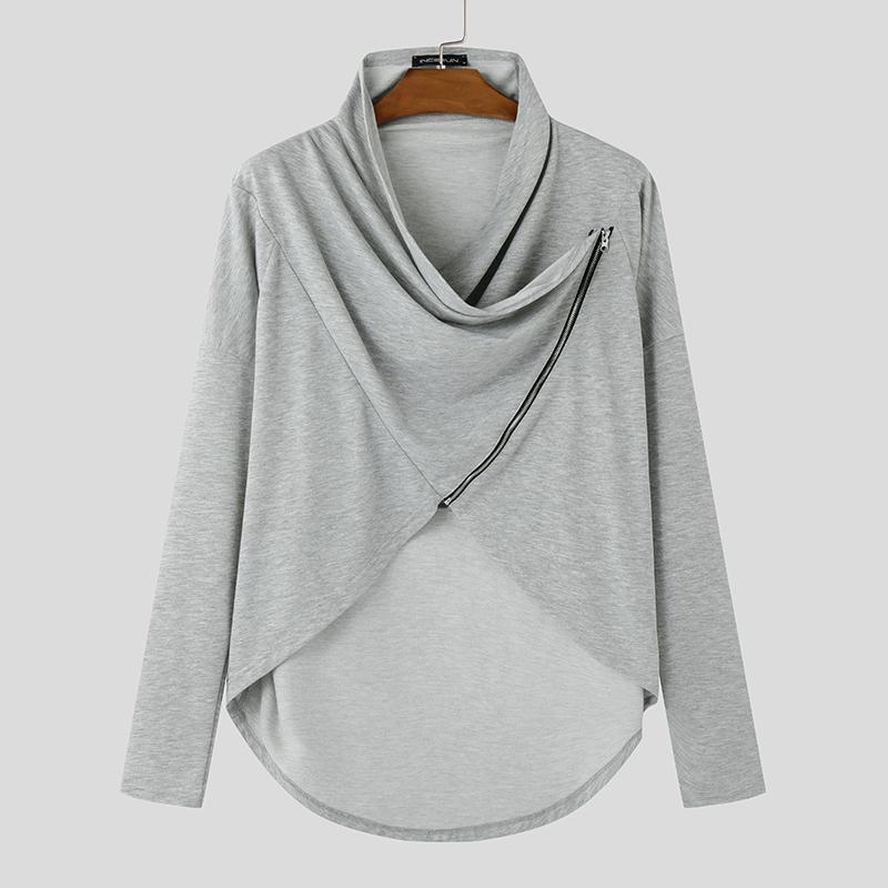 INCERUN Мужские футболки с длинным рукавом и перекрестной молнией спереди 3XL серый