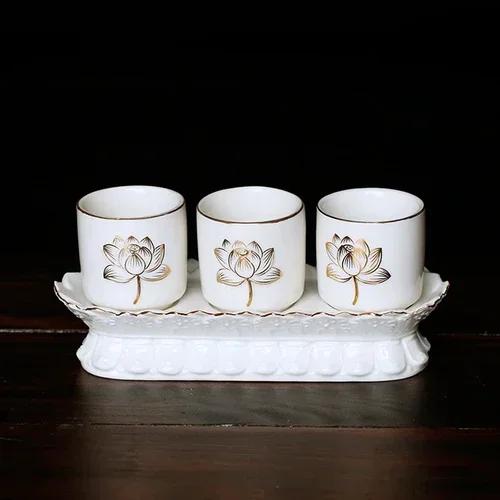 Chinese ceramic Guanyin water supply cup, three supply cups, Buddha cup offering ornaments feng shui  Buddhism