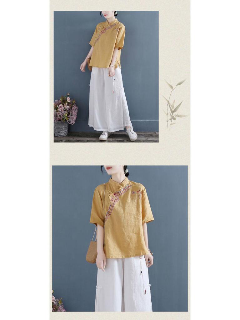 2023 Summer Women's Retro Cotton Linen Shirt with Frog Button & Embroidery