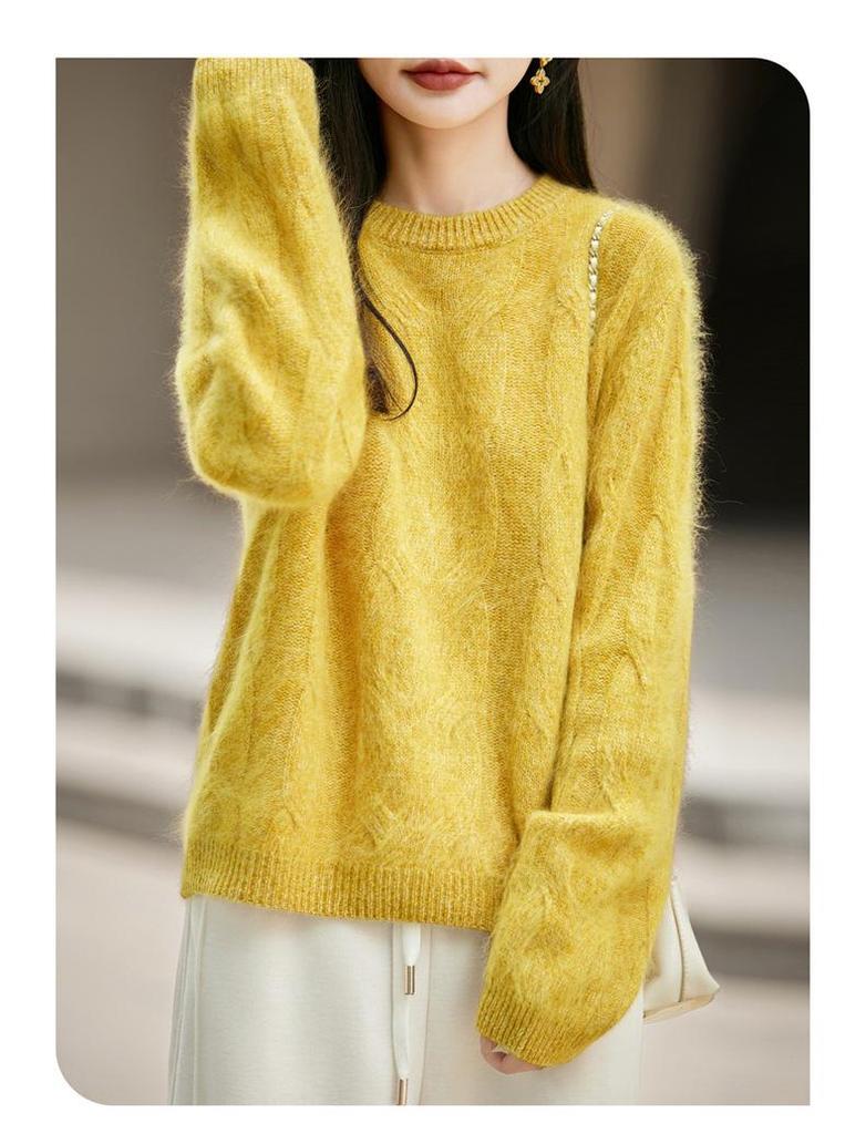 2026 Autumn/Winter Women's Cashmere Wool Marled Knit Loose Sweater, Round Neck, Long Sleeve