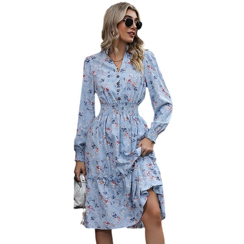 Bedrucktes Kleid Frühling und Herbst Damen Langarm Temperament Elegante Blumenkleider
