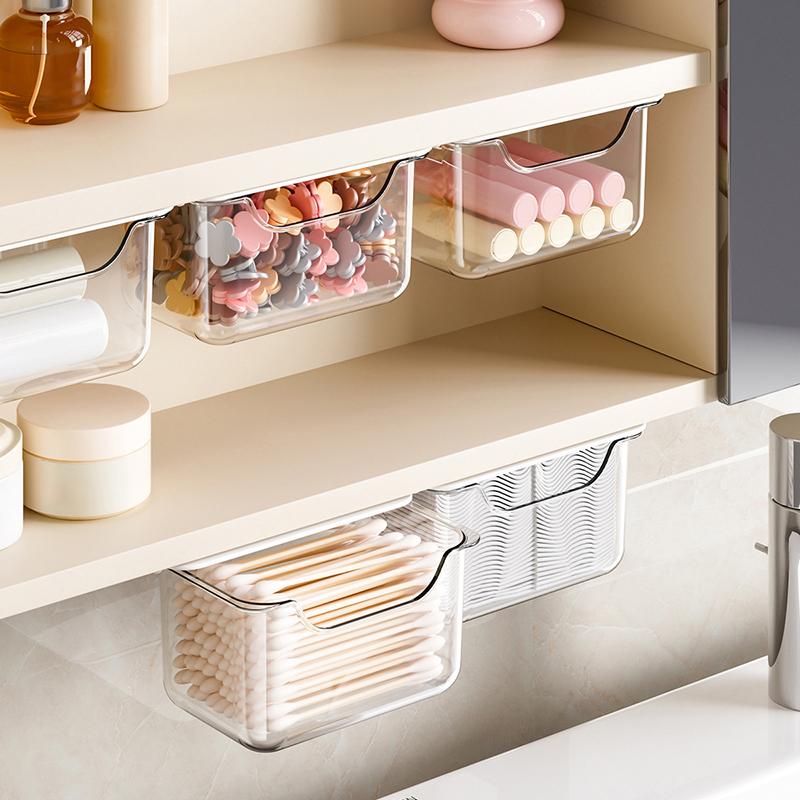 1Pc Drawer Style Storage Box Under The Mirror Cabinet Transparent Bathroom Cotton Stick Makeup Cotton Bathroom Pull-Out Storage