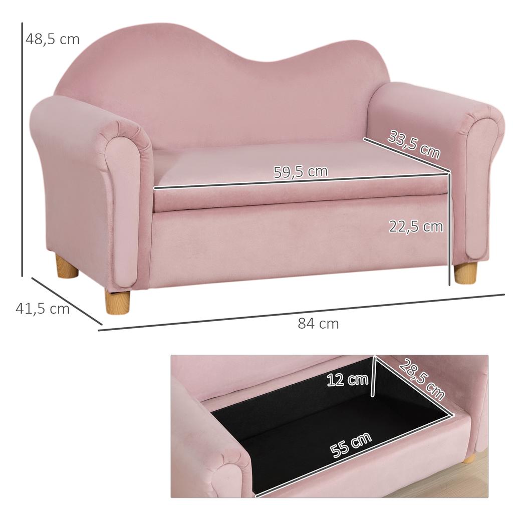 Children's Sofa, Two-Seater for Children 3-5 Years, Storage Space, Natural Wood Frame, 84 x 41.5 x 48.5cm, Pink