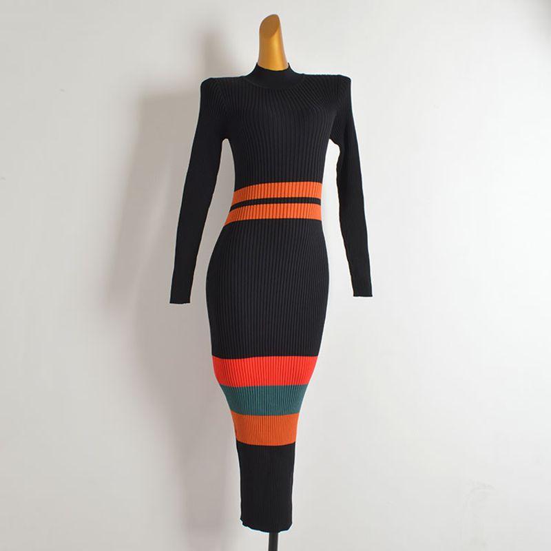 

Garment New Contrast Color Stripe Half-high Collar Knitted dress Women clothes Autumn and Winter Slim fit Slimming High Elastic One-Step Skirt Black L