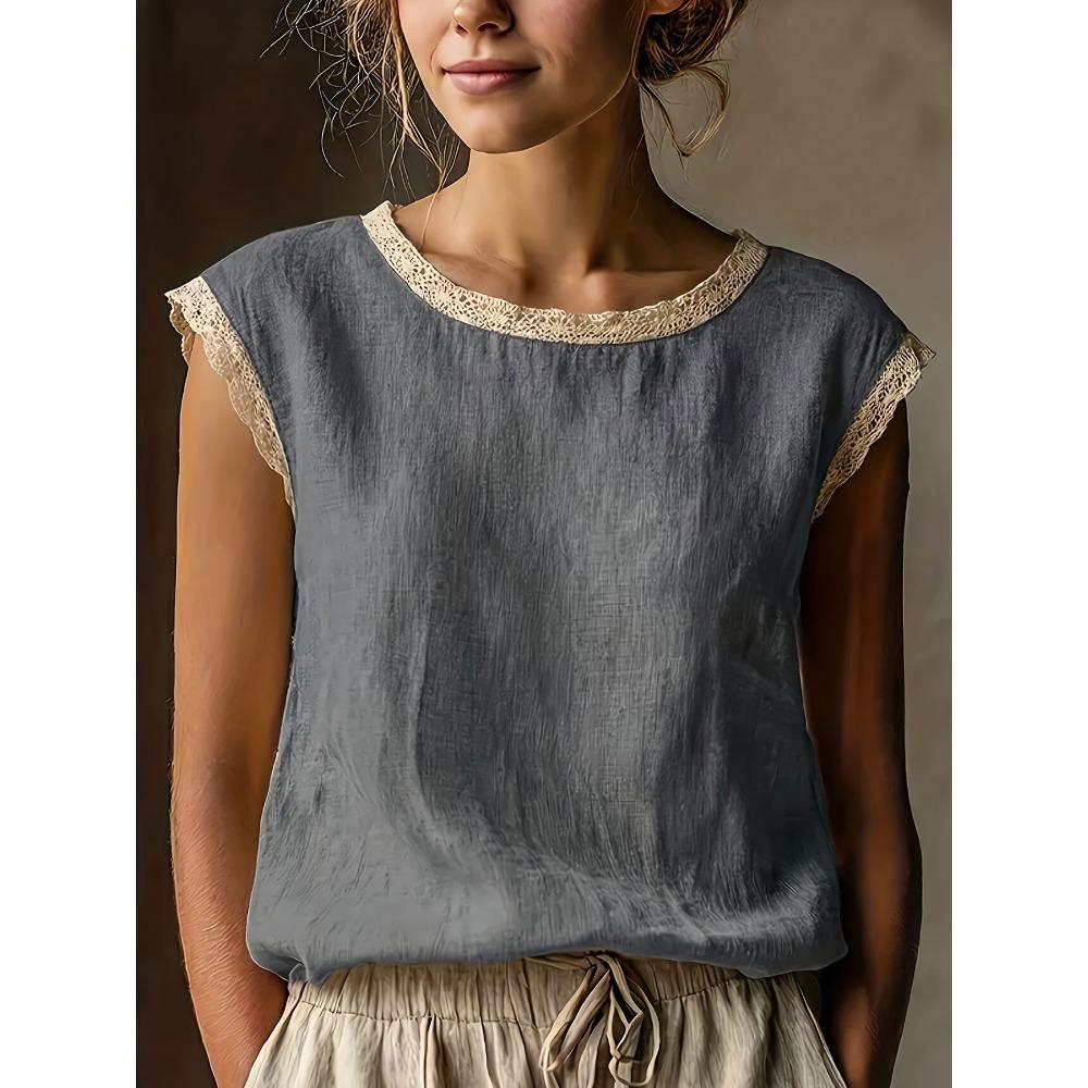 Lniany top z krótkim rękawem w stylu retro z damskim koronkowym patchworkiem, okrągły dekolt, luźny i wyszczuplający, letnia oddychająca lniana koszulka