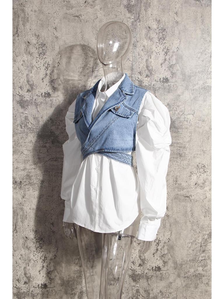 2024 Women's Two-Piece Fashion Set: Irregular Denim Vest with Puff Sleeve Shirt