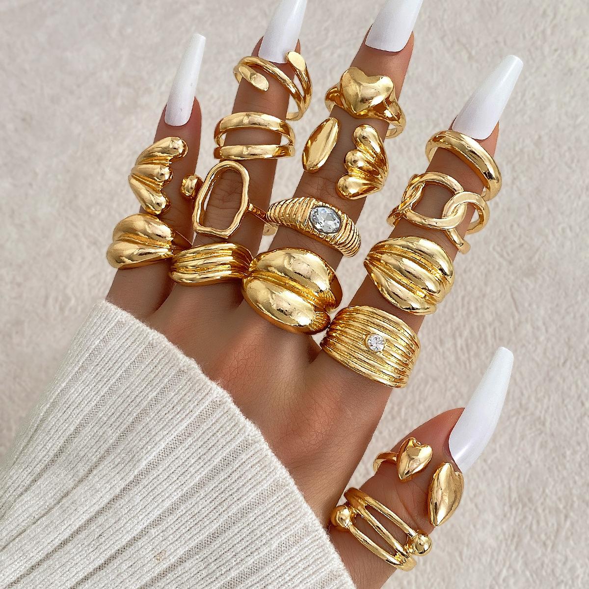 

16Pcs/Set Exaggeration Punk Rhinestone Rings Set Irregular Gold Color Thick Ring, Suitable For Hip Hop Men And Women Party Wear