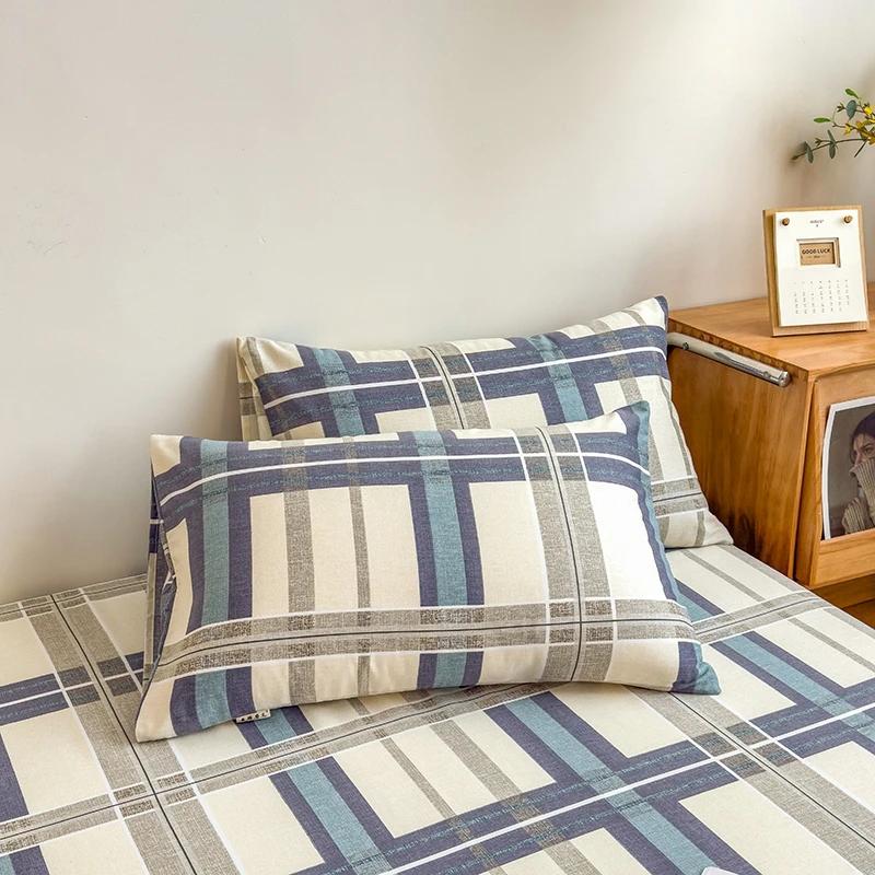 Geometric Plaid Pattern Bed Sheet Set Simple Grid Flat Sheet 100% Cotton Bedding Breathable Durable Sheets with 2 Pillowcases