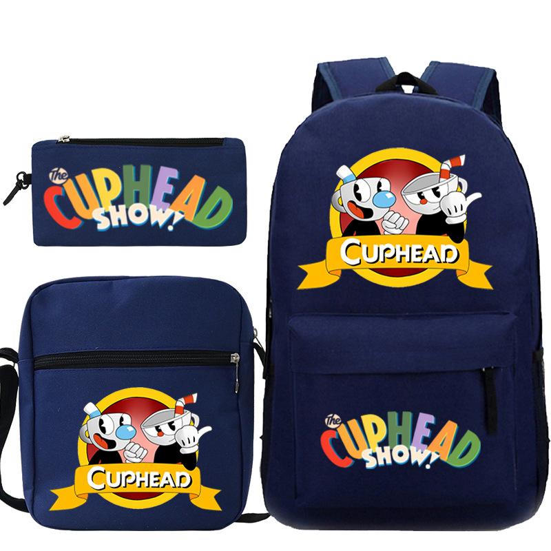 Cartoon Teacup Head Cuphead Student School Bag Backpack Three-piece Set Children's Shoulder Bag Pencil Bag