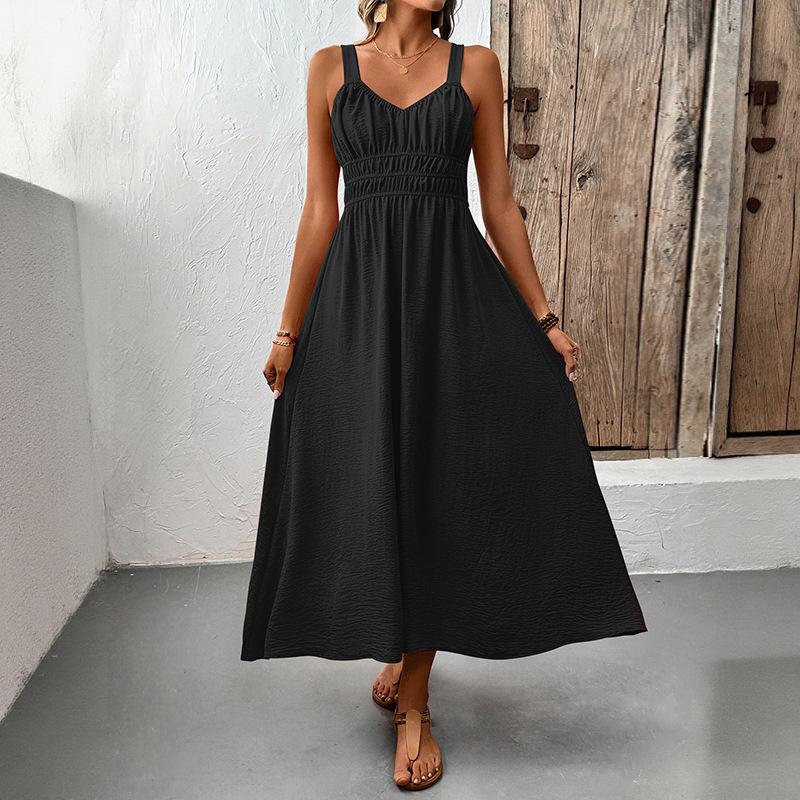 Casual Simple Solid Color Mid Length V Neck Sleeveless Women A Line Dress S чёрный
