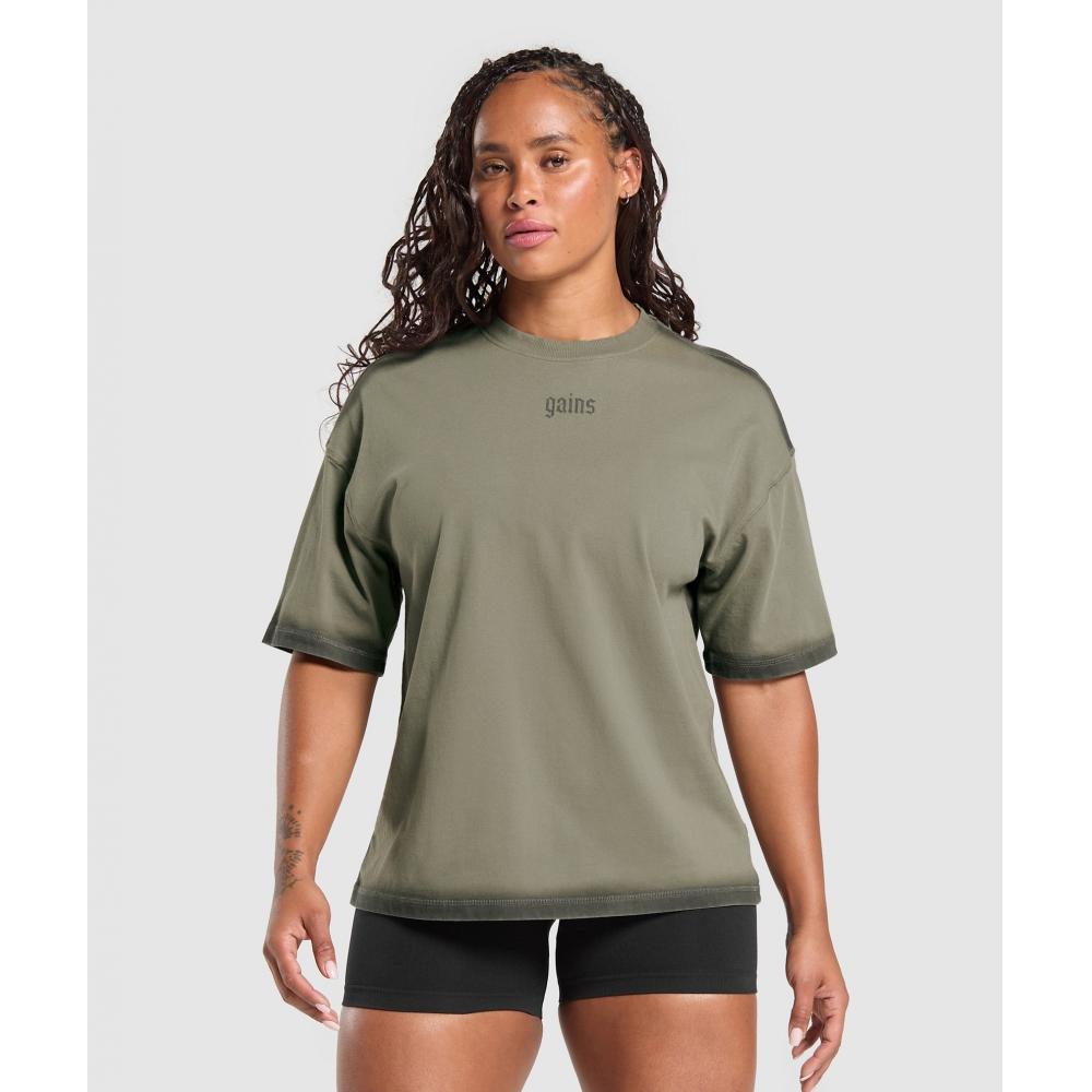 Gymshark Gains Washed HeavyweighT CoTTon T shirT Base Green sTrengTh Green B3c2p Ec3x