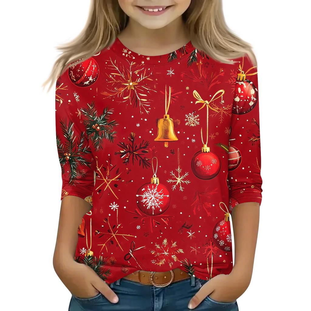 Children's 3/4 Sleeve Tops Casual Christmas Print T Shirt Round Neck Pullover Blouse