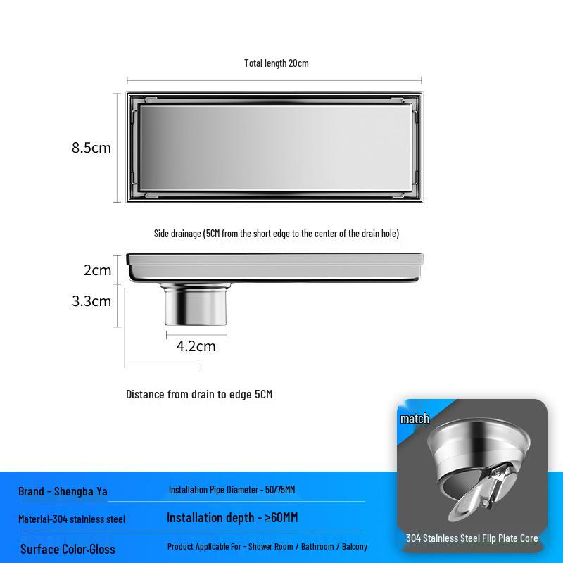 Bright Light 304 Stainless Steel Invisible Floor Drain - Odor-Resistant for Hotel Showers