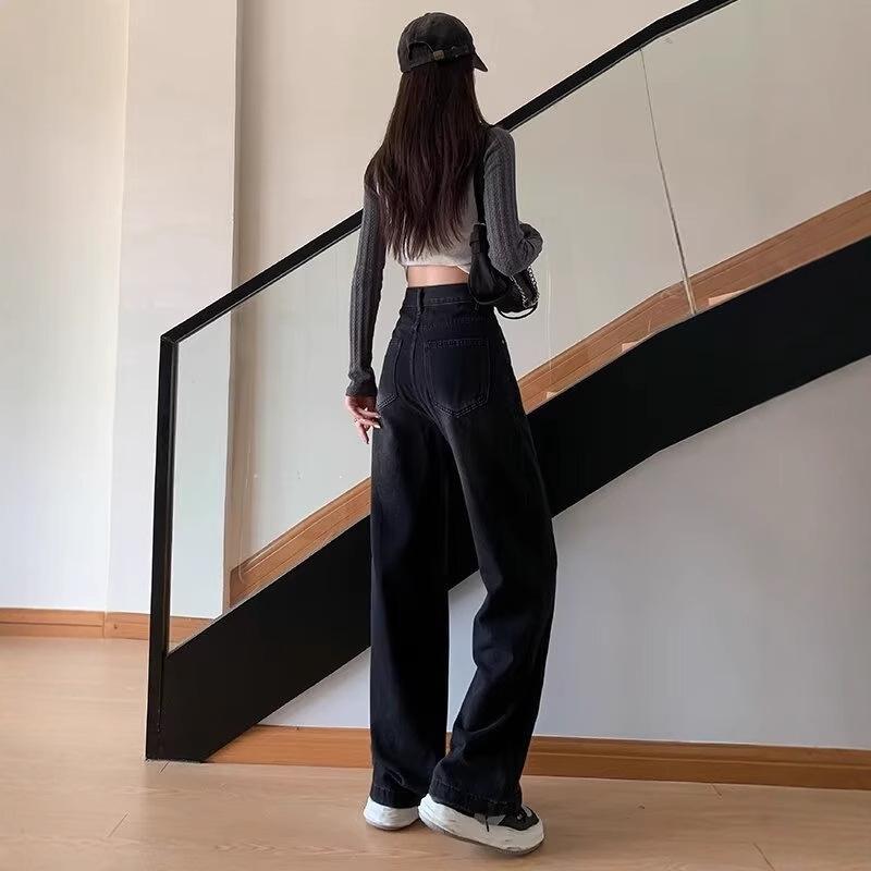 Women's High-Waist Straight Loose Jeans, Small Wide-Leg Mopping Style for Spring, Autumn, Winter 2024