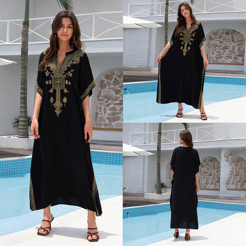 "European & American Embroidered Cotton Maxi Skirt: Women's Beach Sun Protection Robe"