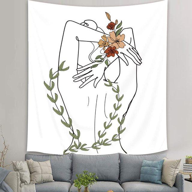 Abstract Woman Tapestry Aesthetic Boho Home Decor Butterfly Fabric Wall Hanging Modern Flower Plant Bedroom Office Decoration