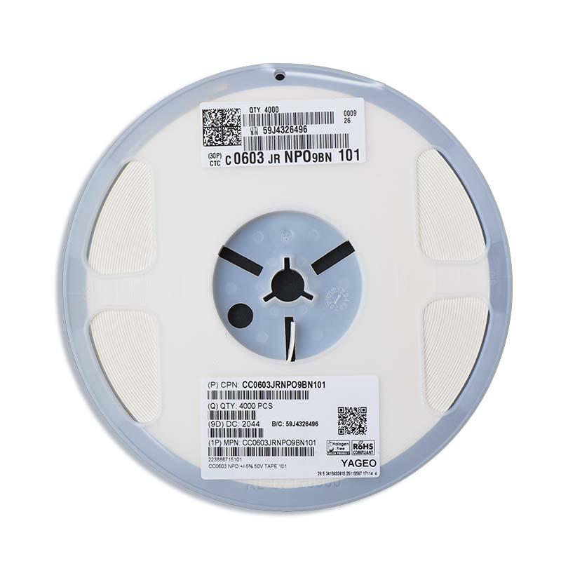 0603 SMD Capacitor, 100pF, 50V, 5% Tolerance, CC0603JRNPO0BN101 Ceramic Component.