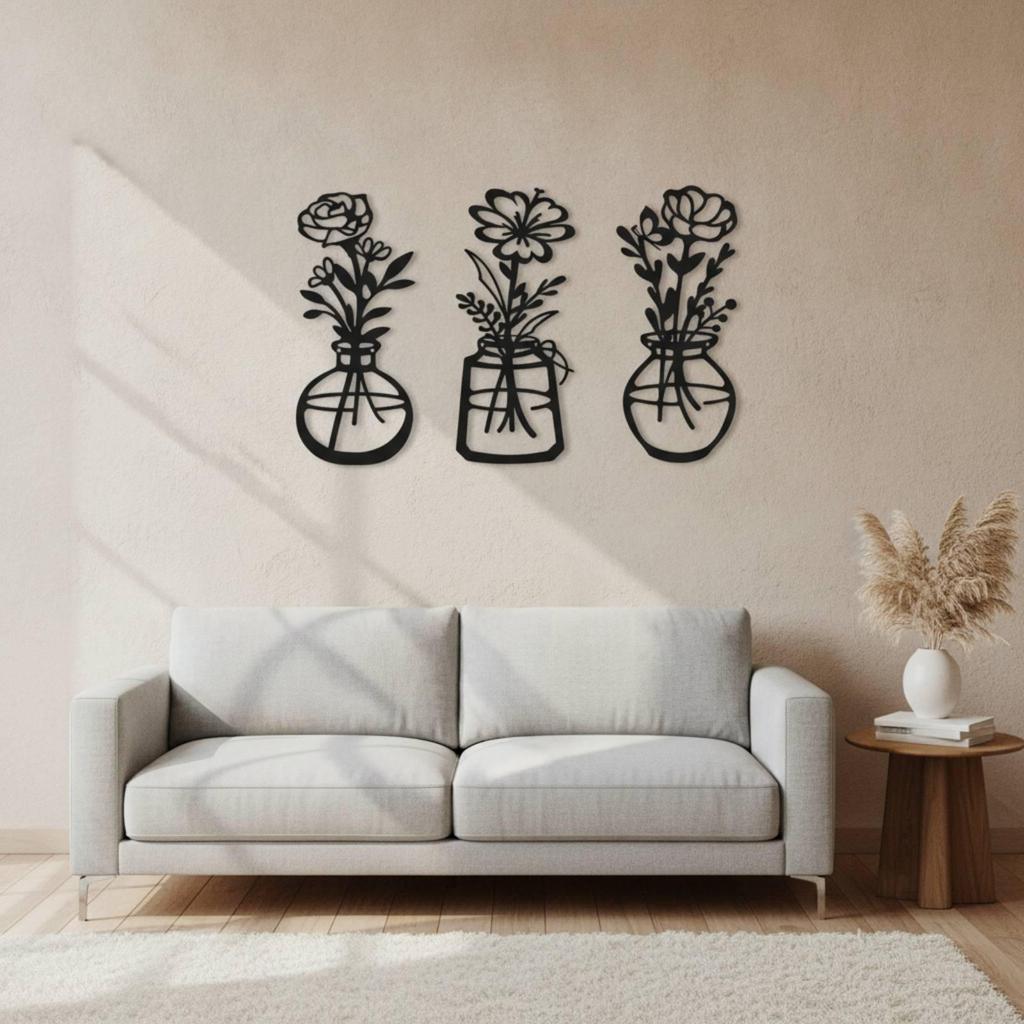 3 Pieces Metal Wall Art with Floral Arrangement Botanical Openwork