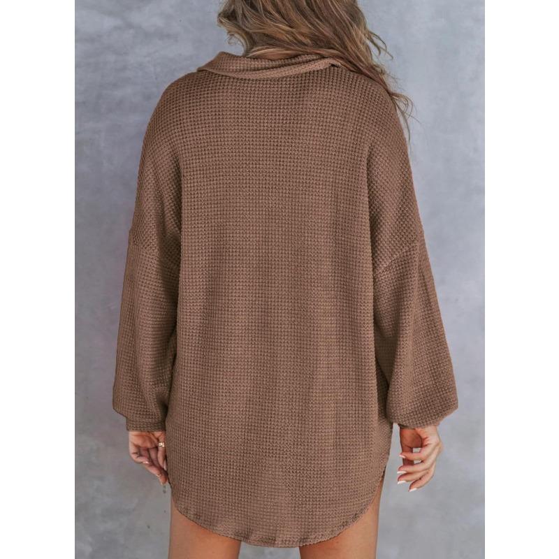 DAFIFY Women's Fashion Casual Spring Autumn Solid Color Print Long Sleeve POLO Neck Blouses & Shirts