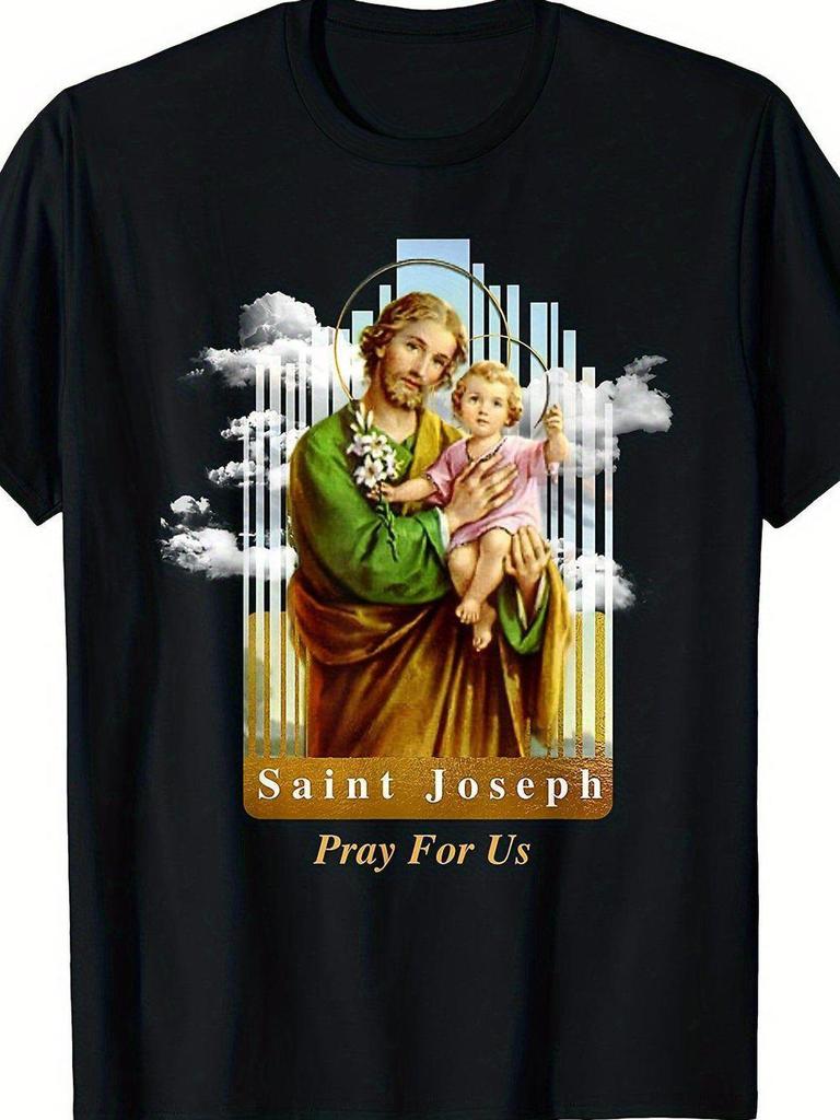 Men's St. Joseph and Jesus Catholic T-shirt Soft breathable Christian clothing with signature Holy Family Prayer design