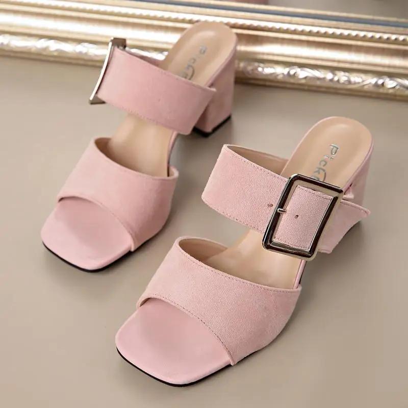 Retro Metal Buckle Decoration Suede Slip On Sandals Women 2025 Summer Square Toe High Heel Slippers Elegant Party Dress Shoes
