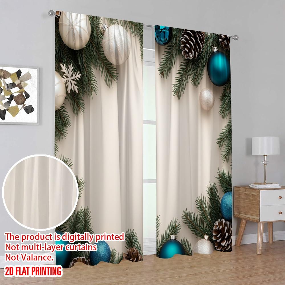 2pcs,2D Plane Printing Pattern Curtains Blue White Pine Christmas (3) 100% Polyester (without Rod) Holiday Use for Bedroom,