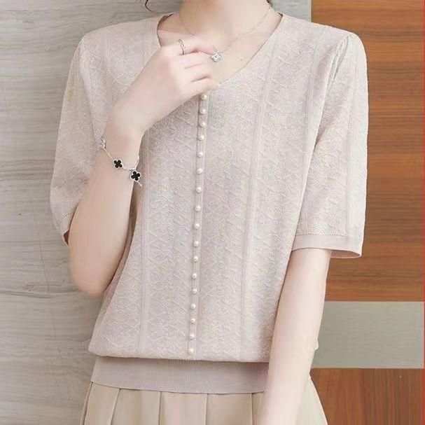 

Женская трикотажная футболка с V-образным вырезом в стиле ретро, свободная тонкая трикотажная рубашка с коротким рукавом, весна и осень 2XL