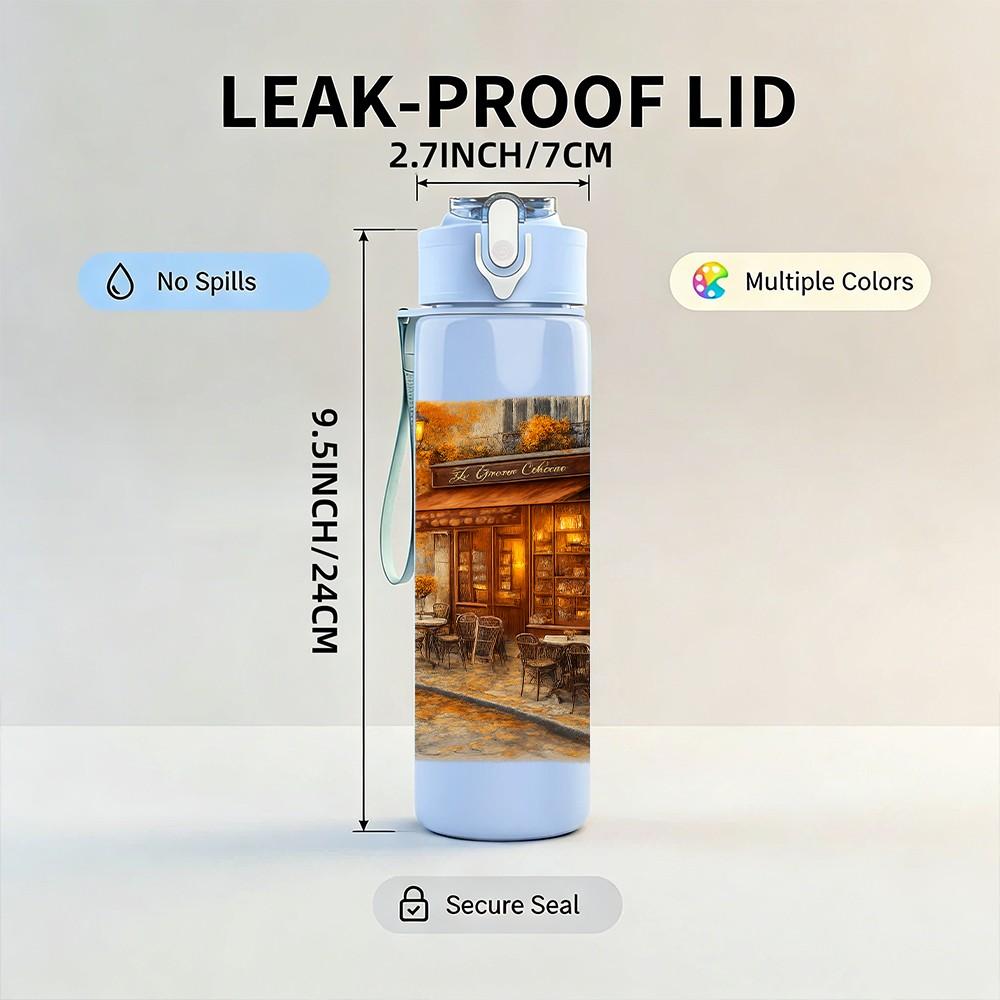 1PC Vintage Street Cafe Night View 750ml Color Plastic Sports Water Bottle Leakproof Flip Straw Lid Suitable for Sports Office Home Use