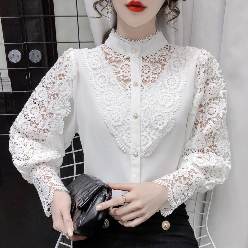 Frauen Spitze Blusen Blütenblatt Hülse Frauen Bluse Chic Taste Aushöhlen Blume Spitze Patchwork Weißes Hemd Top Weibliche Kleidung